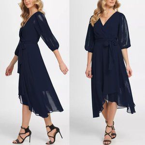 DKNY 3/4 Balloon Sleeve Faux Wrap Chiffon Dress